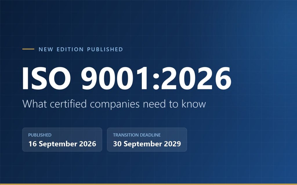ISO 9001:2026 graphic showing the publication date, 16 September 2026, and the transition deadline, 30 September 2029